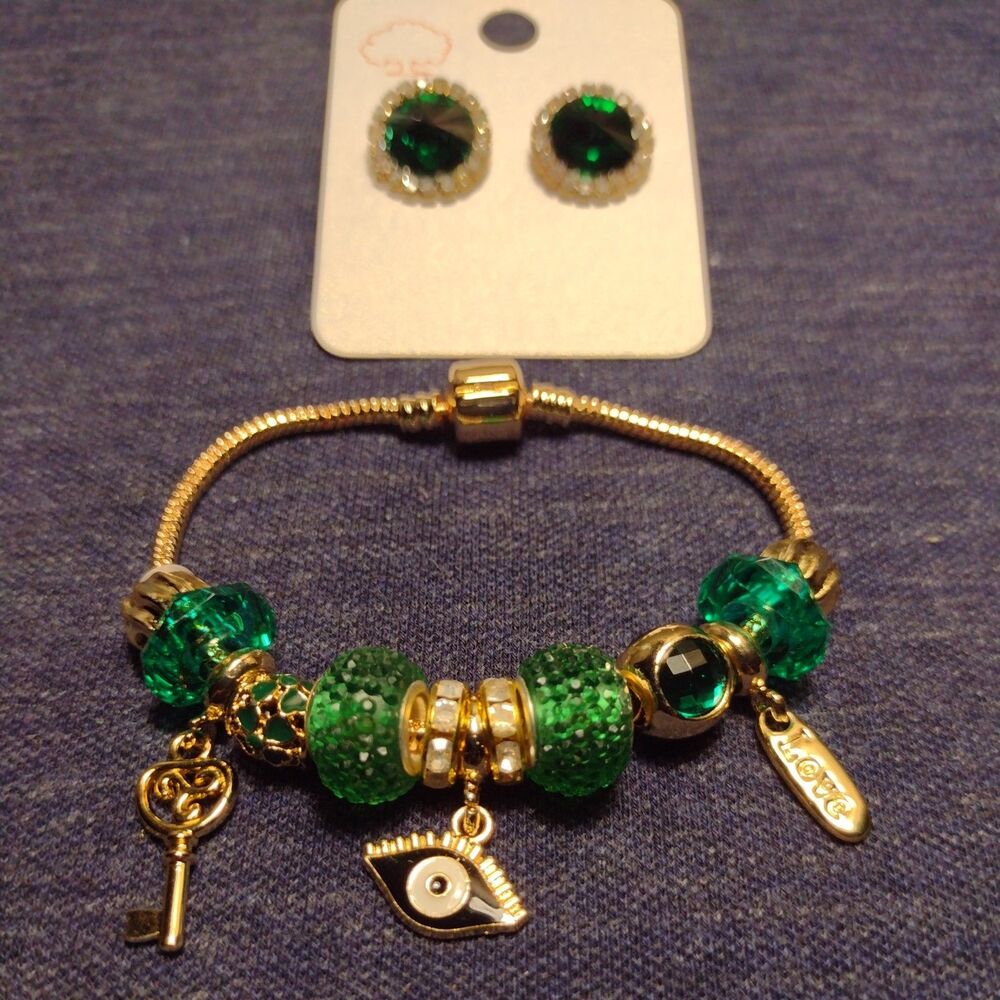 Charm Bracelet Green Gold Charms with matching earings
